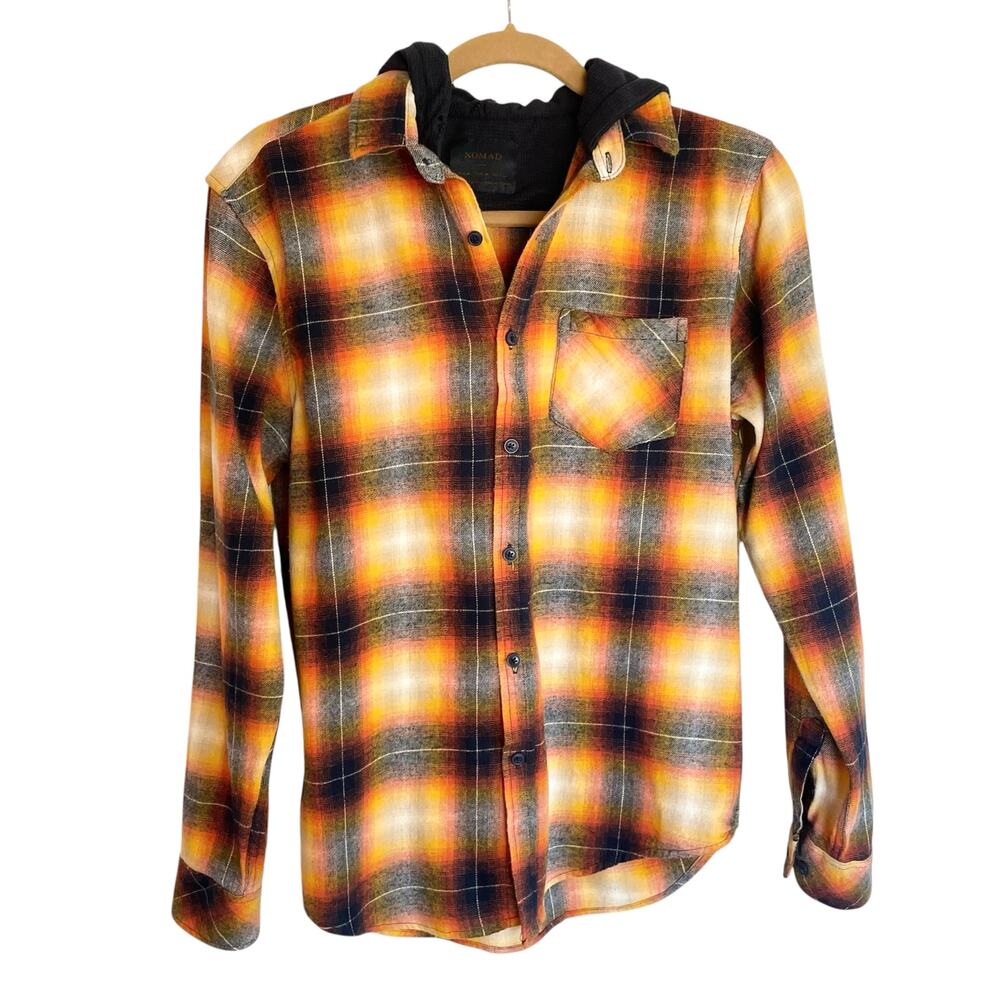 Nomad Orange Navy Plaid Flannel Button Up Waffle Knit Hood Mens MED Fall Casual